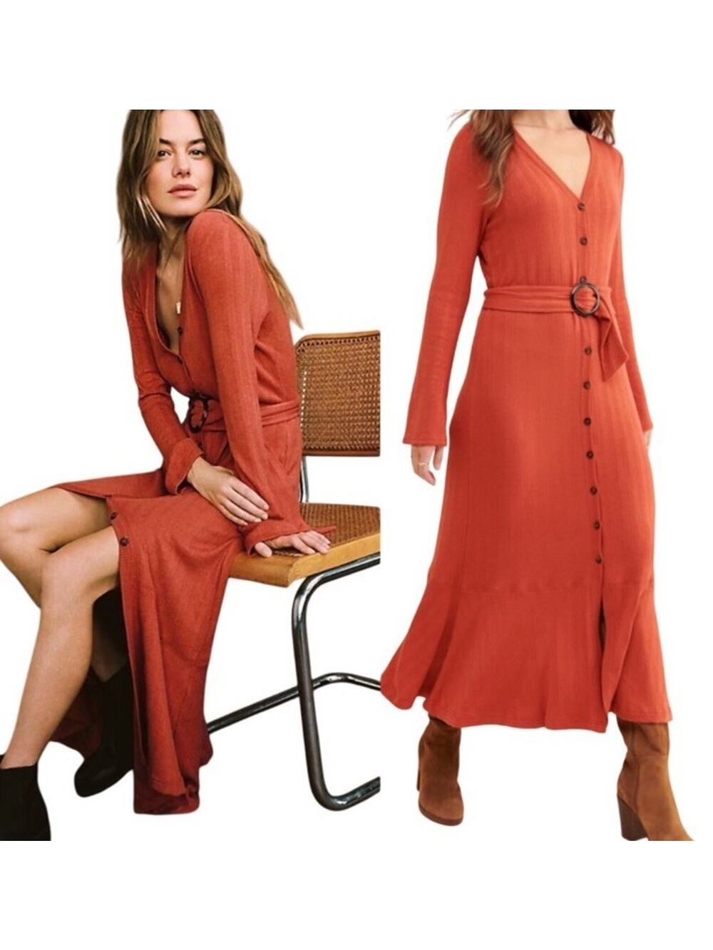 ANTHROPOLOGIE Elsa Ribbed Knit Maxi Midi Dress Belted Long Sleeve Orange Size M